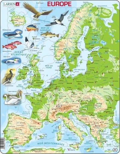 Larsen Carte Topographique de l’Europe – Puzzle – Europe – Géographie Physique – Puzzle éducatif pour enfants – 87 pièces – Fabriqué en Norvège – Pièces extra épaisses de 2,5 mm – Plateau avec bord fixe