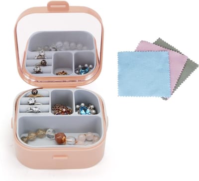 Sieradenopbergdoos met Spiegel en 3 Stukken Schoonmaakdoekjes, Ideaal voor Reizen, Compacte Sieradenopslag voor Ringen, Oorbellen en Armbanden