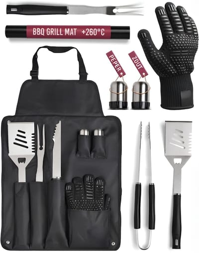 SP® BBQ Accesoires ( set ) - 23 Barbecue Set met RVS - Oxford Schort met Compartimenten - Zilver - 44cm x 11cm x 11cm