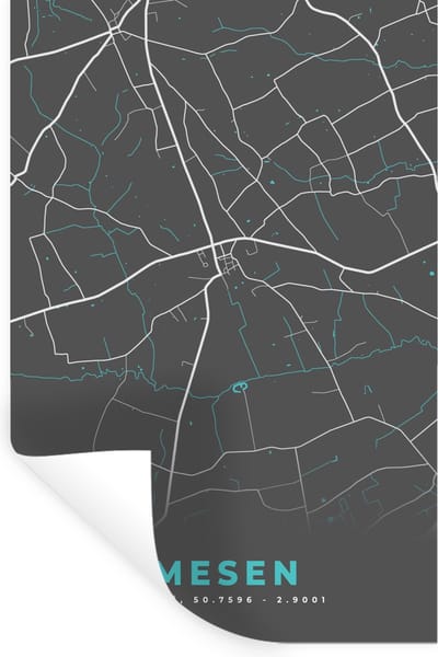 Muurstickers - Sticker Folie - België – Mesen – Stadskaart – Kaart – Blauw – Plattegrond - 20x30 cm - Plakfolie - Muurstickers Kinderkamer - Zelfklevend Behang - Zelfklevend behangpapier - Stickerfolie