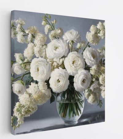 Saammp Canvas Schilderij - Abstracte Witte Bloemen in vaas - Natuur - 20x20 - Foto op canvas - Wanddecoratie - Muurdecoratie Woonkamer - Kantoor Decoratie