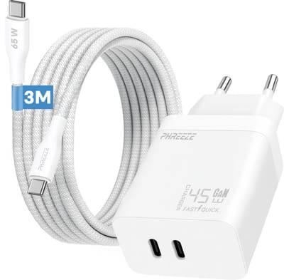 Phreeze usb C oplader 45w met usb C naar usb C kabel 3 meter - Snellader met 2 usb C poorten - PPS fast charger