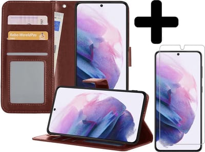Hoesje - Met Screenprotector - Geschikt voor Samsung Galaxy S21 - Luxe Pasjeshouder - Bookcase Portemonee - Flip Case - Kunstleer Book Case - Flipcase - Book Cover - Walletcase - Portemonneehoes - Telefoonhoesjes - Bruin