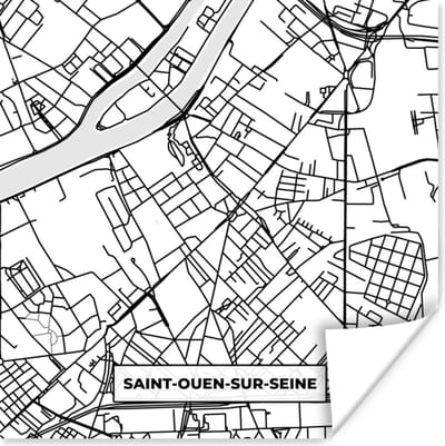 Poster Kaart - Stadskaart - Saint-Ouen-sur-Seine - Frankrijk - Plattegrond - Zwart wit - 100x100 cm XXL