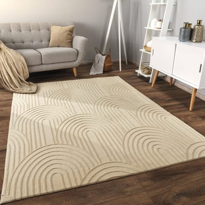 Flycarpets Zacht fluffy vloerkleed - Lely Japandi Beige - 160x220 cm - Laagpolig Tapijt Woonkamer / Slaapkamer / Kinderkamer