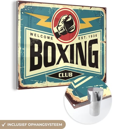 MuchoWow® Glasschilderij 40x30 cm - Schilderij acrylglas - Mancave - Boxen - Vintage - Boxing - Foto op glas - Schilderijen