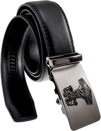 Verstelbare Zwarte Riem zonder Gaatjes met Decoratieve 3D-Gesp, Automatische Riem, Zwart PU-Imitatieleer, Heren - 3,5 cm Breed