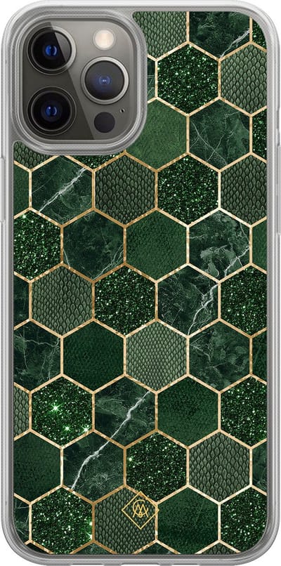 Casimoda® hoesje - Geschikt voor iPhone 12 Pro - Kubus Groen - 2-in-1 case - Schokbestendig - Geometrisch patroon - Verhoogde randen - Groen, Transparant
