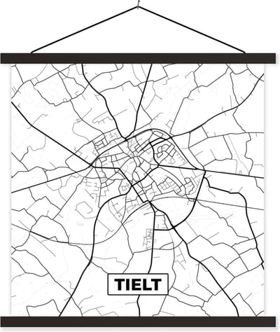 Posterhanger incl. Poster 60x60 cm - Schoolplaat - Stadskaart – Plattegrond – België – Zwart Wit – Tielt – Kaart - Textielposter - Zwarte latten - Stadskaart