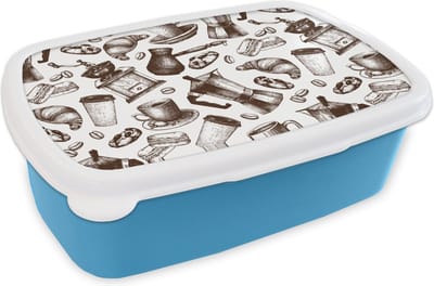Broodtrommel Blauw - Lunchbox - Brooddoos - Koffie - Croissant - Patroon - 18x12x6 cm - Kinderen - Jongen