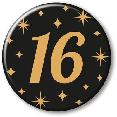 Q2P - 16 Jaar Rozet - Verjaardag Versiering - Zwart & Goud - Feest - Buttons - Rosette