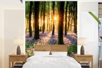 Behang - Fotobehang Bos - Bloemen - Lavendel - Zon - Paars - Natuur - Breedte 195 cm x hoogte 260 cm