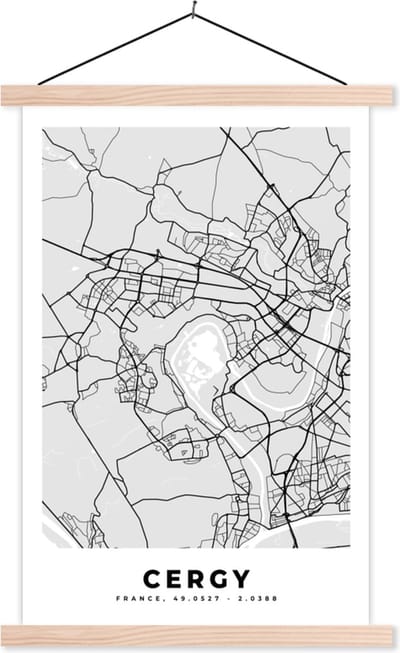 Posterhanger incl. Poster 40x60 cm - Schoolplaat - Frankrijk - Plattegrond - Kaart - Cergy - Stadskaart - Textielposter - Blanke latten - Stadskaart