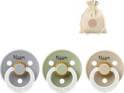 BIBS fopspenen met naam T1 - Glow in the dark: vanilla, sage en cloud - 0-6 maanden - BolleToet speenzakje