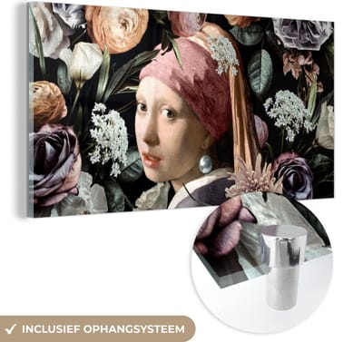 MuchoWow® Glasschilderij 40x20 cm - Schilderij acrylglas - Meisje met de parel - Bloemen - Vermeer - Pastel - Kunstwerk - Schilderij - Oude meesters - Foto op glas - Schilderijen