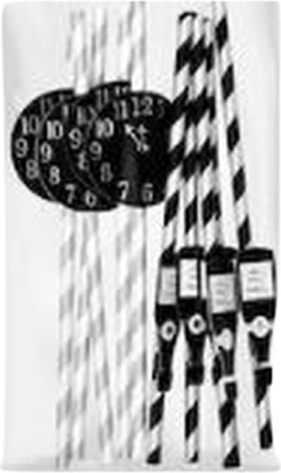 Papieren / Kartonnen Rietjes met ''klok'' en ''champagne'' - Zwart / Wit - Papier - 10 stuks