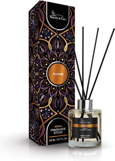 Beauty&Care® Hamam geurstokjes - 150 ml. sierfles met 10 stokjes in cadeaudoos - natuurlijke, oosterse, kruidige en zuiverende geur van lavendel met lemongrass - navulbaar met refill geurstokjes fles