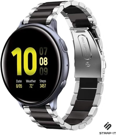 Strap-it Stalen schakel band - geschikt voor Samsung Galaxy Watch Active / Active2 / Galaxy Watch 3 41mm / Galaxy Watch 1 42mm / Gear Sport (zilver/zwart)