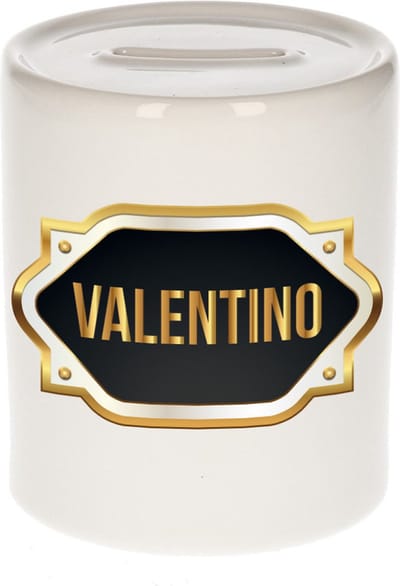 Spaarpot met voornaam Valentino - wit - met goud/zwart embleem - 8 x 9 cm - keramiek - met afsluitdop - cadeau verjaardag