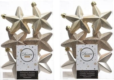 Decoris kersthanger sterren - 12x st - champagne - 7 cm - kunststof - kerstornamenten - kerstversiering