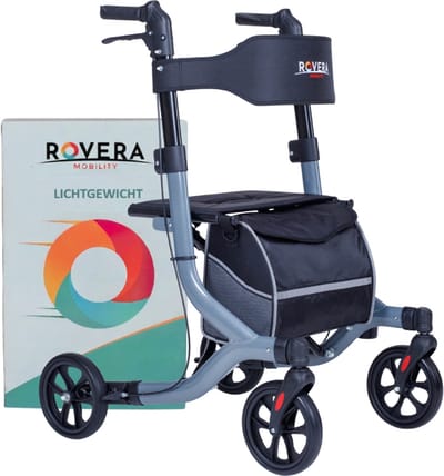 Rovera® Rollator Easy PREMIUM – Lichtgewicht en Opvouwbaar – Zachte Brede Rugsteun & Comfortabele Zitting – Incl. Luxe Rollatortas- voor Binnen & Buiten – Grijs