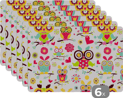 Placemat - Placemats kunststof - Patronen - Uil - Dieren - 45x30 cm - 6 stuks - Hittebestendig - Anti-Slip - Onderlegger - Afneembaar