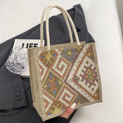 Sac en Toile Ethnique pour Femmes Été Nouveau Style de Mode pour Sortir avec Sac à Déjeuner en Lin Bento Sac à Main Sac Maman beige