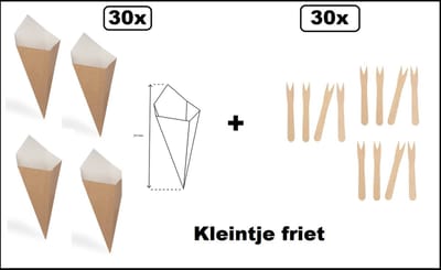 30x Kids Frietzak kraft + 30x houten frietvorkje - Kleintje friet - friet puntzak patat friet frites bakje snack zak evenement uitdeel