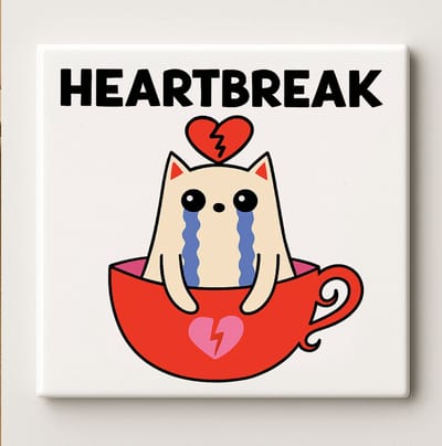 “Heartbreak” Schattige Huilende Kat Tegel – 15x15cm Lieve Keramische Muurdecoratie, Grappig Cadeau voor Kattenliefhebbers of Emotionele Woondecoratie