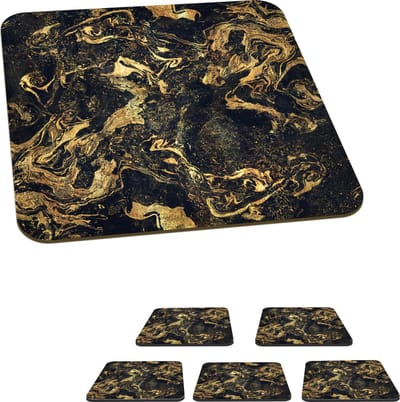 Onderzetters voor glazen - Close-up van goud met zwart marmer natuur - 10x10 cm - Glasonderzetters - 6 stuks