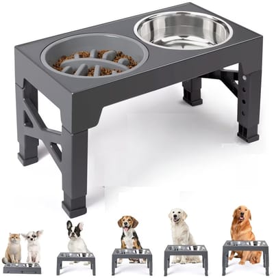 BOTC Voerbak Hond met Standaard - Voerbak Kat - Anti Schrokbak Hond - Verhoogde Voerbak - 4 Hoogtes - Slow Feeder - Grijs