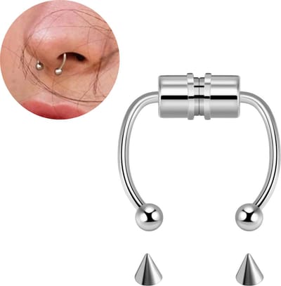 Fake Neuspiercing Zilver - Magnetisch - 4 Verwisselbare Opzetstukjes - Neusring - Nep Septum Piercing - Ringetje Zilverkleurig - RVS Roestvrij Staal