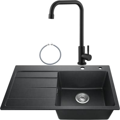 SOFETIY MAX Granieten Spoelbak 78x45CM Zwart - Spoelbakken Keuken Met Koudwater Keukenkraan - Spoelbak Met Planchet en Afdruiprek - Spoelbakken Incl. Sifon en Afvoerzeefje