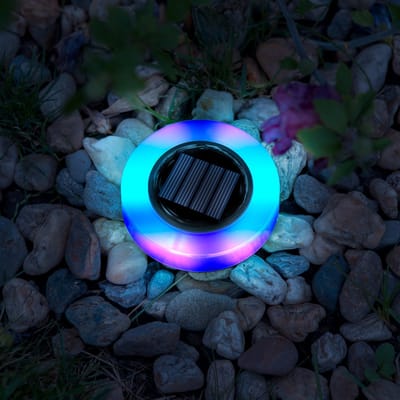 Solar LED Tuinlamp Rond – RGB – 8 LED’s – Ø10,5 Cm – Met Grondspies En Ophanghaak – Op Zonne-Energie – Automatisch Aan Bij Schemer – Decoratieve Buitenverlichting Voor Tuin, Balkon En Terras [11766A]