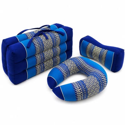 Meditatieset 3-delig blauw – hard & stevig kapok – draagbaar meditatiekussen + nek- en bone kussen – opvouwbaar yoga zitkussen met handvat