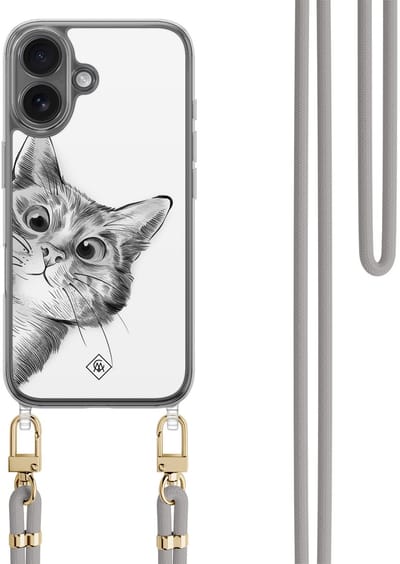 Casimoda® hoesje met grijs koord - Geschikt voor iPhone 17 - Peekaboo Kat - Afneembaar koord - TPU/polycarbonaat - Grijs