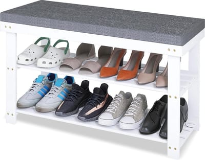 3 Tier Sturdy Bamboo Shoe Organiser with Cushion Storage Shelf - Hallway Bedroom Living Room - White Grey - 87 x 30 x 49 cm