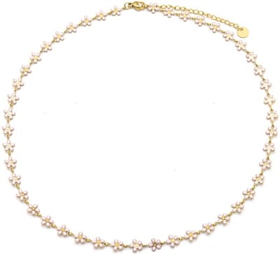 Ketting met Bloemen - RVS - Lengte 39-44 cm - Goudkleurig en Roze