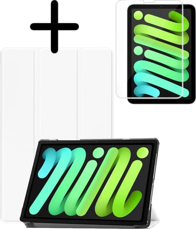 Hoesje Geschikt voor Apple iPad Mini 7 (2024) - 8.3 inch - 7e Generatie - Met Screenprotector - Trifold Bookcase - Hard Cover - Hardcover Book Case - Tablet Hoes - Wit