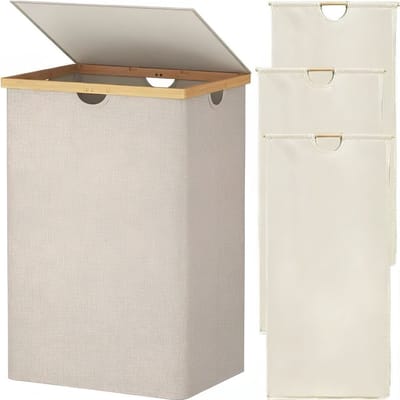 SP® Wasmand - 170L - Wasmand 3 Vakken - Wasmand met Deksel - Beige - 54cm x 40cm x 80cm
