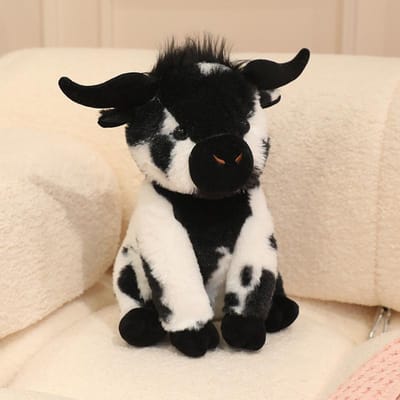 1 pièce 30 cm Simulation Bovins des Highlands Peluches Douces Remplies Assise Poupée Vache Câline Ornement Maison Décoration Chambre Animale about 30cm blanc noir