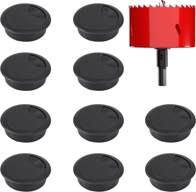 Dailygoods - Kabeldoorvoer voor bureau, 10 stuks 60 mm kabeldoorvoer met 1 gatenzaag, kabeldoorvoer voor tafel, kantoor, werkbladen (zwart)