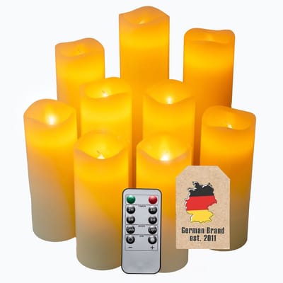 Intirilife LED kaarsen 9 stuks in verschillende maten gemaakt van was in natuurlijk wit - 5,5 x 13 / 14 / 16 / 18 / 20 / 22 cm - zuilkaars incl. afstandsbedieningen op batterijen decoratie idee warm licht