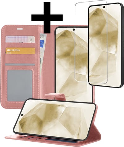 Hoesje - Met Screenprotector - Geschikt voor Samsung Galaxy A55 - Luxe Pasjeshouder - Bookcase Portemonee - Flip Case - Kunstleer Book Case - Flipcase - Book Cover - Walletcase - Portemonneehoes - Telefoonhoesjes - Rosé goud
