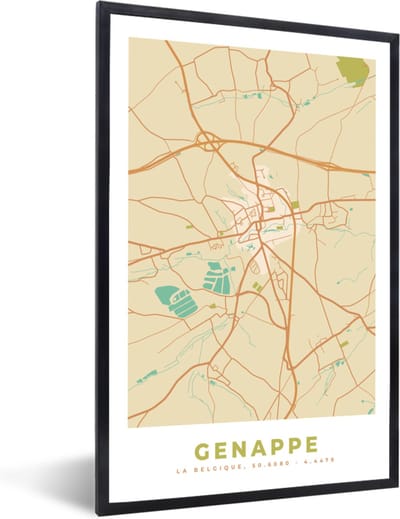 Fotolijst incl. Poster - Kaart - Vintage - Plattegrond - Stadskaart - België - Genappe - 40x60 cm - Posterlijst