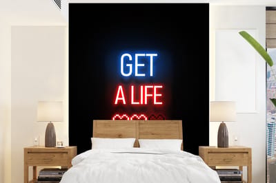 Behang - Fotobehang Gaming - Tekst - Get a life - Neon - Zwart - Breedte 165 cm x hoogte 220 cm