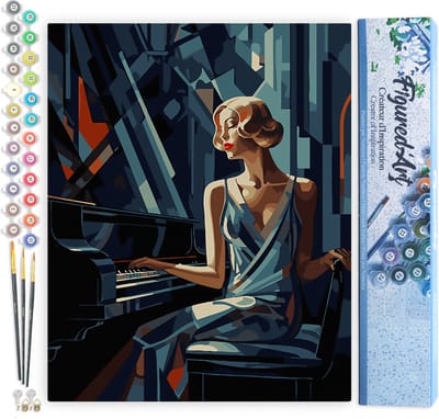 Figured'Art Schilderen op Nummer Volwassenen canvas Art Deco Vrouw aan een Piano- Handwerk acrylverf Kit DIY Compleet - 40x50cm zonder frame