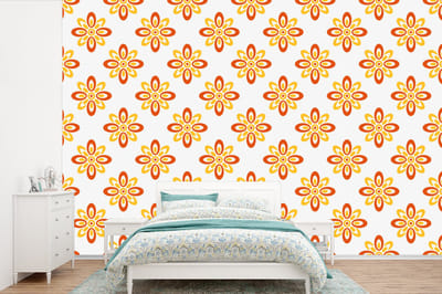 Behang - Fotobehang Patroon - Jaren 70 - Bloemen - Oranje - Breedte 360 cm x hoogte 240 cm
