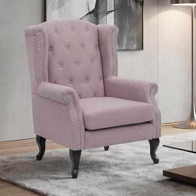 Lichtroze Chesterfield Oorfauteuil met Voetenbank, Waterafstotende Stof