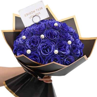 Glitter Rozen Boeket - Kunstbloemen Blauw - DIY Cadeau Maken - 24 Glitter Rozen - 24 Stuks - Blauw
